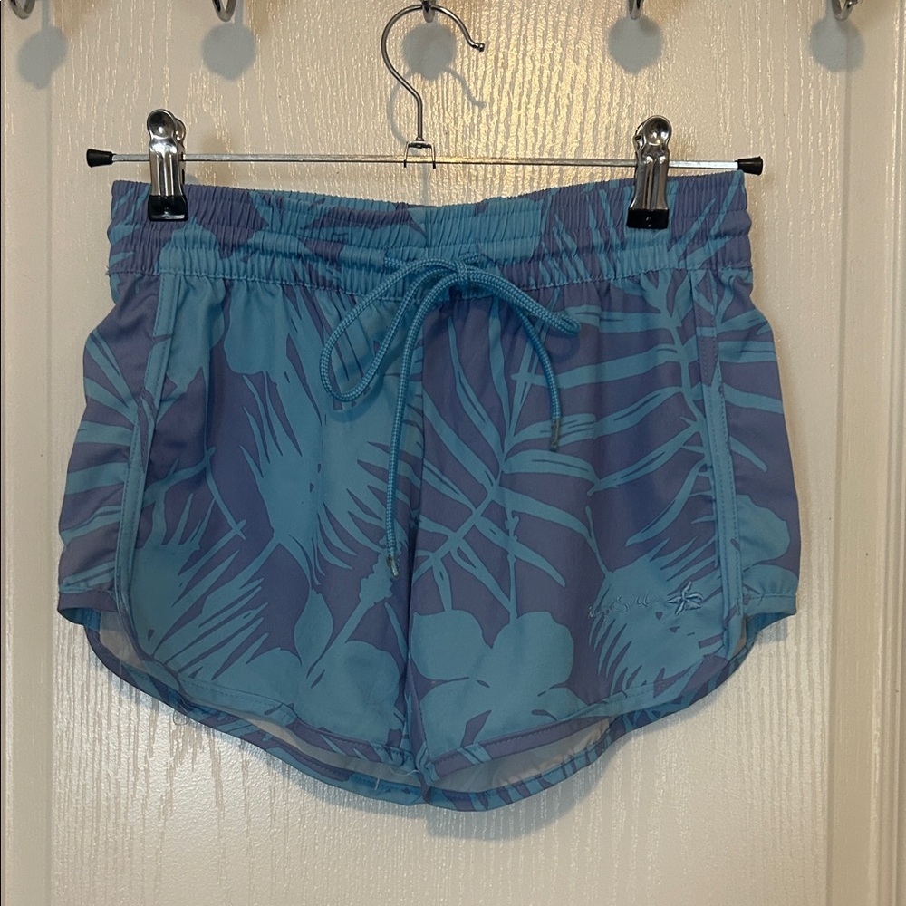 raya sun Blue Tropical Print Athletic Shorts